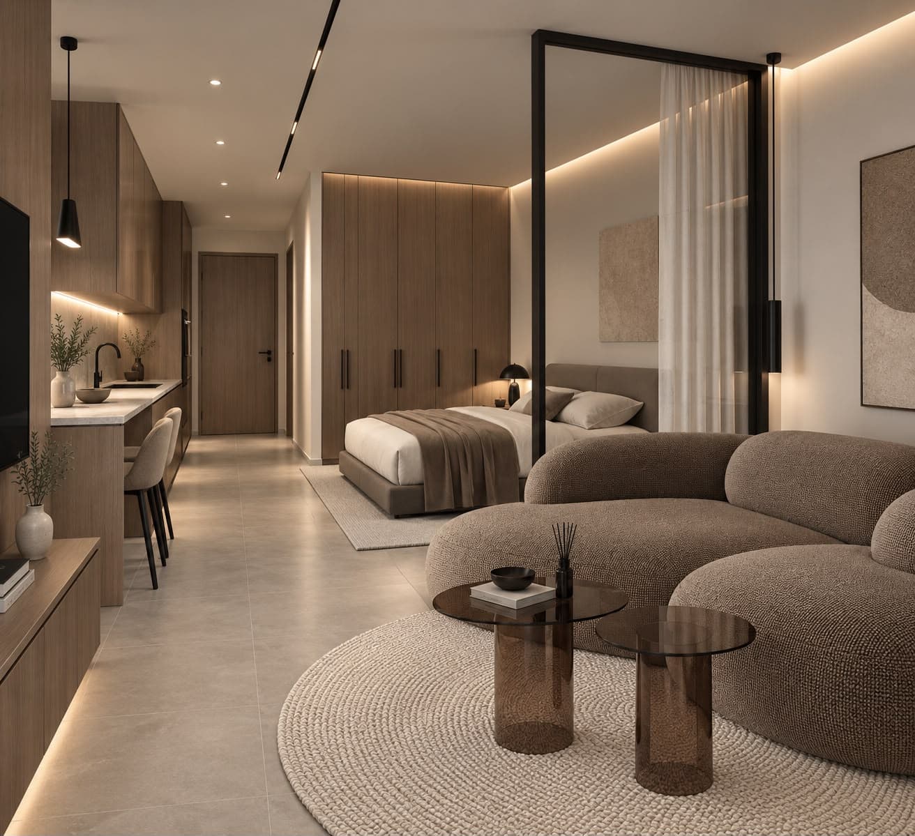 A MILA studio furnished in the Warm Minimal style
